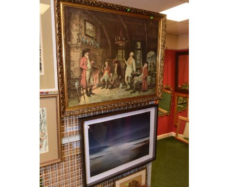 After Frank Moss Bennett, The pipe smokers, large framed coloured print together with a  contemporary seascape, both framed (
