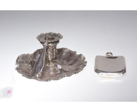 A Victorian silver plated chamber stick and snuffer together with a silver napkin ring and a plated pocket hip flask (4)