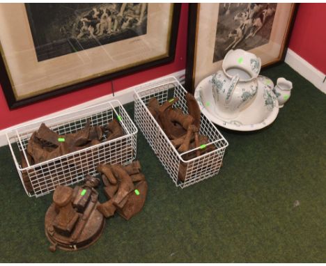 A large quantity of vintage cobblers lasts; tog. with a Victorian wash jug and bowl etc