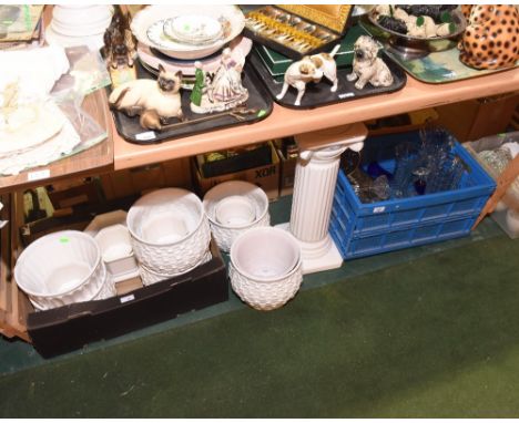 A box of pressed glass; tog. with a group of white glazed ceramic jardinieres and a jardiniere stand