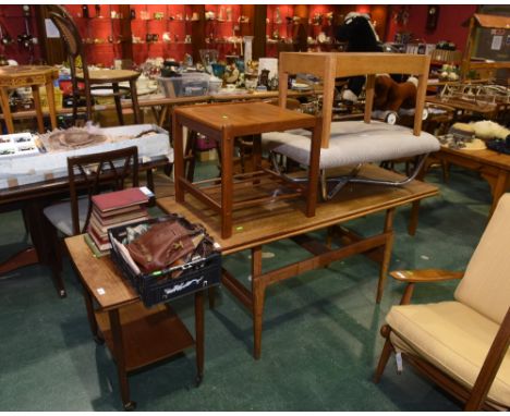 A group of furniture comprising three occasional tables and a chrome legged stool