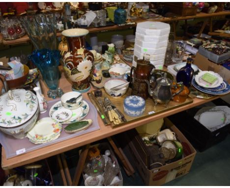 Three trays inc. Sylvac coffee pot, silver plate flatware, Wedgwood blue jasperware, 19th century tureen and cover, Beswick b