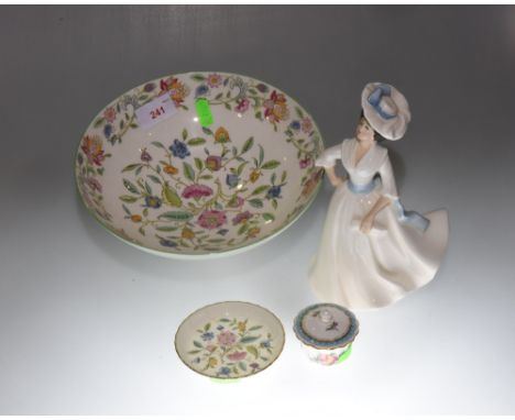 A Royal Doulton figure of Margaret together with a Minton Haddon Hall pattern bowl and ashtray and a small Spode pot and cove