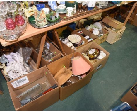 Ten boxes inc. Staffordshire teasets, carriage clock, porcelain figures, autobiographies, 20th century glass, Tyne Potteries 