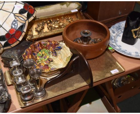 A tray inc. silver plate condiments, Royal Winton bowl, copper chamberstick, Art Nouveau pewter box, oak wall bracket, wooden