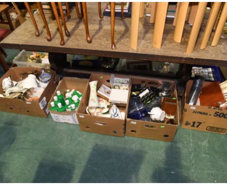 Five boxes inc. Maling lustre ware vase, oil lamp, artist's equipment and paints etc
