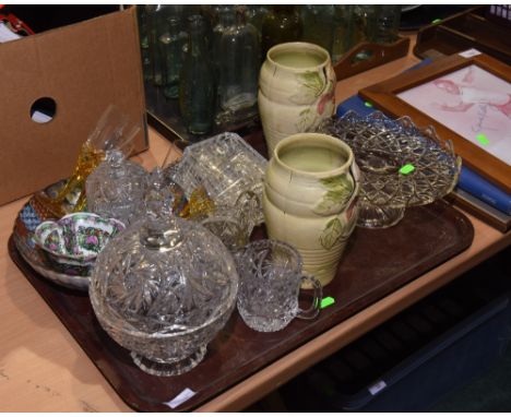 A tray of early 20th century and later pressed and cut glass inc. sweetmeat jar, tazza etc, tog. with Oriental ceramic bowl, 