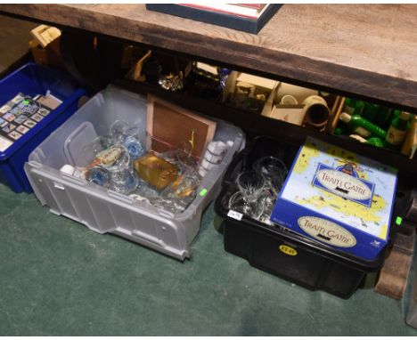 Two boxes of 20th century glass inc. drinking vessels, brass carriage clock etc