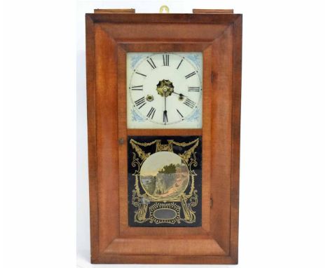 American walnut wall mounted drop dial clock with painted enamel Roman chapter ring with glazed door and printed scene, 39cms