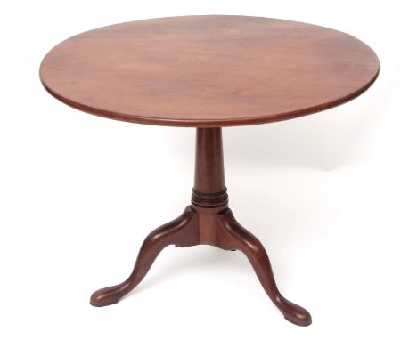 Late 18th/early 19th century mahogany circular pedestal table, gun barrel column and tripod base with hoof feet, 91cms diam  