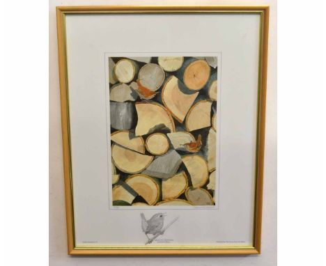 Robert Gilmor, signed in pencil to margin, limited edition (3/75) coloured print, "Wrens on a wood pile", 30 x 20cms  