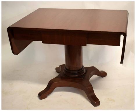 19th century mahogany pedestal sofa type table with two drop flaps to end on a turned column on a shaped quatrefoil base, 99c