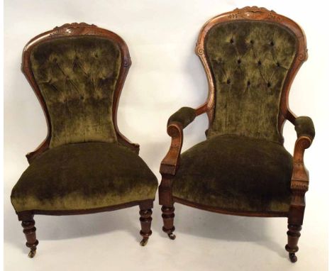 Victorian gent's chair and matching ladies chair, upholstered in green button back (2) 