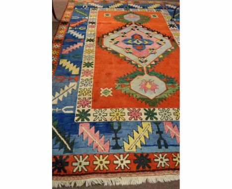 Modern thick pile wool carpet in a multi-coloured geometric design, 234cms wide x 360cms long  