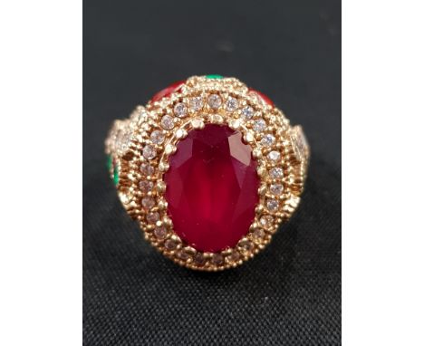 FANCY RUBY AND GEM SET RING CENTRE RUBY MEASURES APPROX 5CT