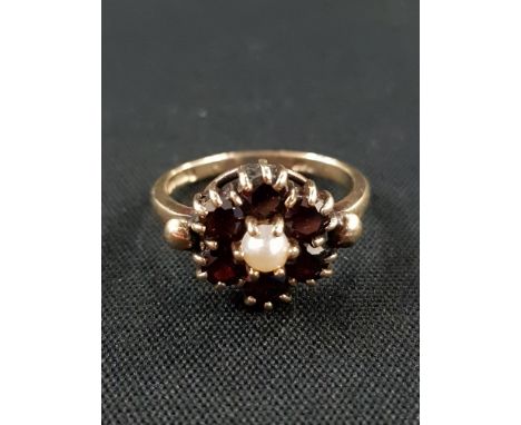 9CT GARNET AND PEARL RING