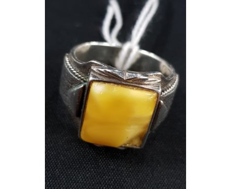 RUSSIAN SILVER AND AMBER RING