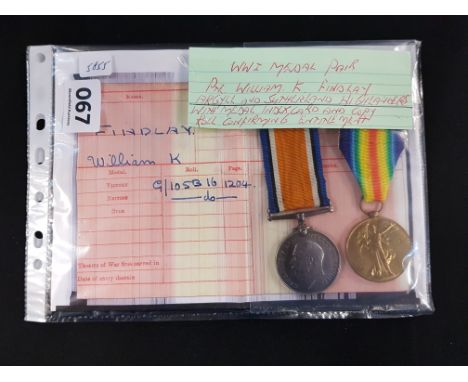 WW1 MEDAL PAIR - PTE WILLIAM K. FINDLAY - ARGYLL AND SUTHERLAND HIGHLANDERS