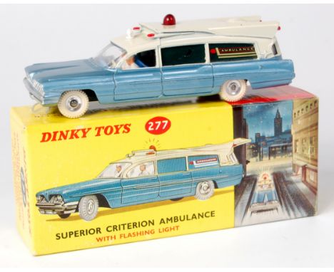 Dinky, 277 Superior Criterion ambulance with flashing light, metallic blue, off-white roof, white tyres, one window blemished