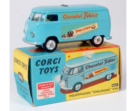 Corgi Toys, 441, Volkswagen 'Chocolate Toblerone' van, light blue body with lemon interior, Trans-o-lite head lamps, spun hub