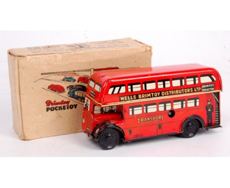 Wells Brimtoy Pocketoy tinplate clockwork Double Decker Bus - red, with black plastic wheels, detailed tin printing, with rin