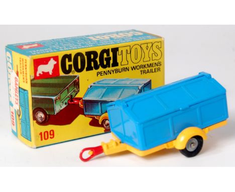 Corgi, 109 Pennyburn workmen's trailer, blue with yellow chassi,s brush, shovel and pick axe, boxed with leaflet (NM,BNM)