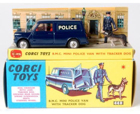 Corgi, 448 BMC Mini police van with tracker dog, dark blue Mini, red interior, plastic policeman and dog on lead, sliding pli