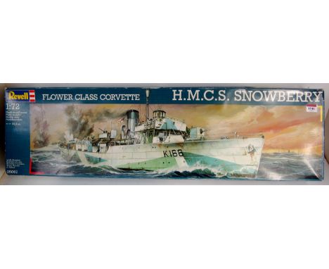 Revell, 1/72 scale Flower Class Corvette HMCS Snowberry plastic kit, hull has been assembled otherwise appears as issued, in 