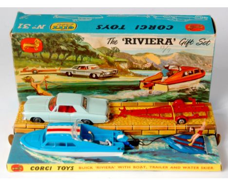 Corgi, Gift Set No.31 The Riviera, pale blue Buick Riviera with red trailer, Dolphin cabin cruiser and lady water-skier, plas