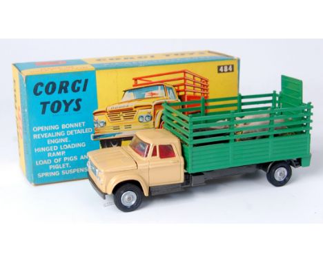 Corgi Toys, 484 Dodge 'Kew Fargo' livestock transporter, beige cab with grey chassis, green back, spun hubs, 5 plastic animal