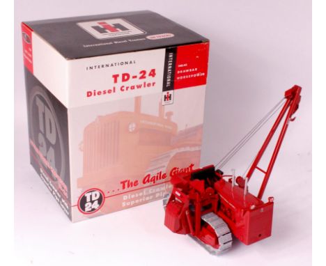 SpecCast, 1/25th scale diecast model of an International crawler TD-24 with superior pipe layer, finished in red with silver 