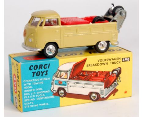 Corgi Toys, 490 Volkswagen breakdown truck, light olive green body with red interior and flatbed, spun hubs, in the original 