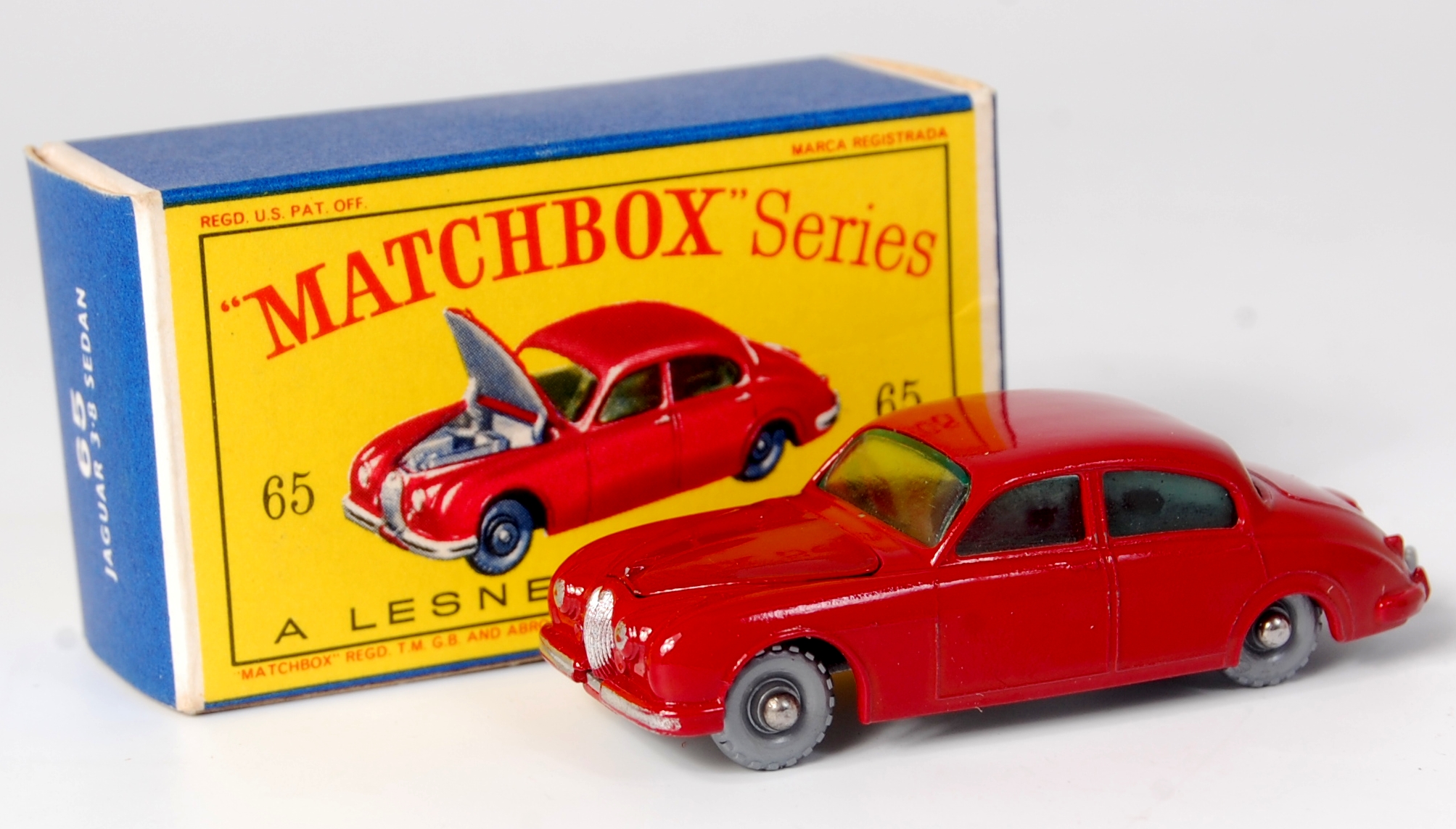 Matchbox, 175 series No.65b Jaguar 3.8 sedan, red body, silver plastic