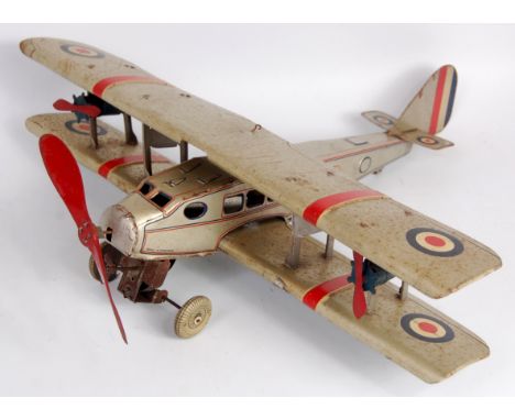 Mettoy, 1930s issue RAF bi-plane comprising of large tinplate bi-plane to measure 50cm length and 54cm wingspan, with operabl