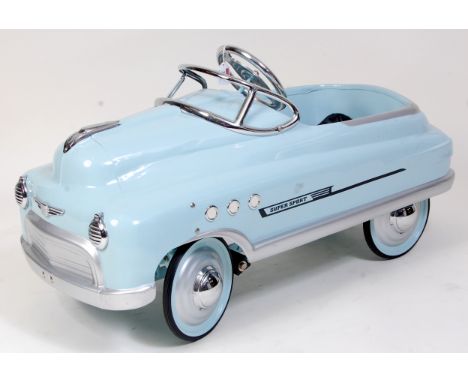 A modern pressed steel and chrome finished child's pedal car, finished in light blue with chrome detailing's and Super Sport 