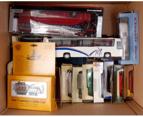 Two boxes of loose and boxed modern issue bus and public transport related diecasts, Lledo, EFE and Bachmann, one box contain