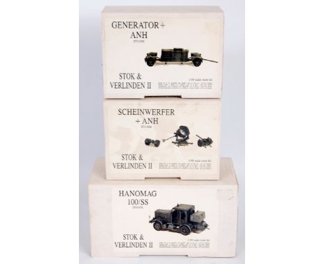 Set of 3 Stok and Verlinden 1/48th scale resin kits, 3 boxed as issued examples to include Hanomag Tow Tractor, Generator tro