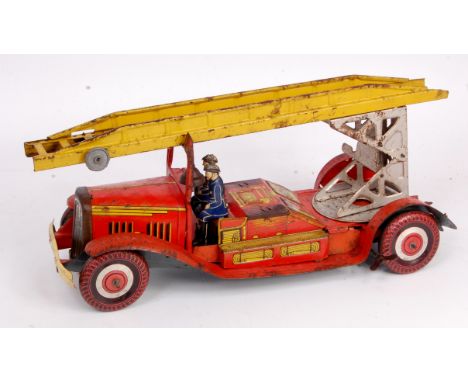 Mettoy large tinplate clockwork Fire Engine - finished in red, with detailed tin printing, with extending and elevating ladde