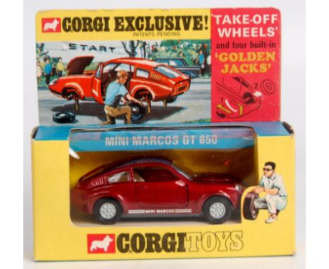 Corgi Toys, 341 Mini Marcos GT850, metallic maroon body with cream interior, golden jacks take-off wheels, in the original bl