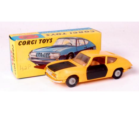 Corgi Toys, 332 Lancia Zagato Fulvia, yellow body with black bonnet and black doors, brown interior, in the original blue and