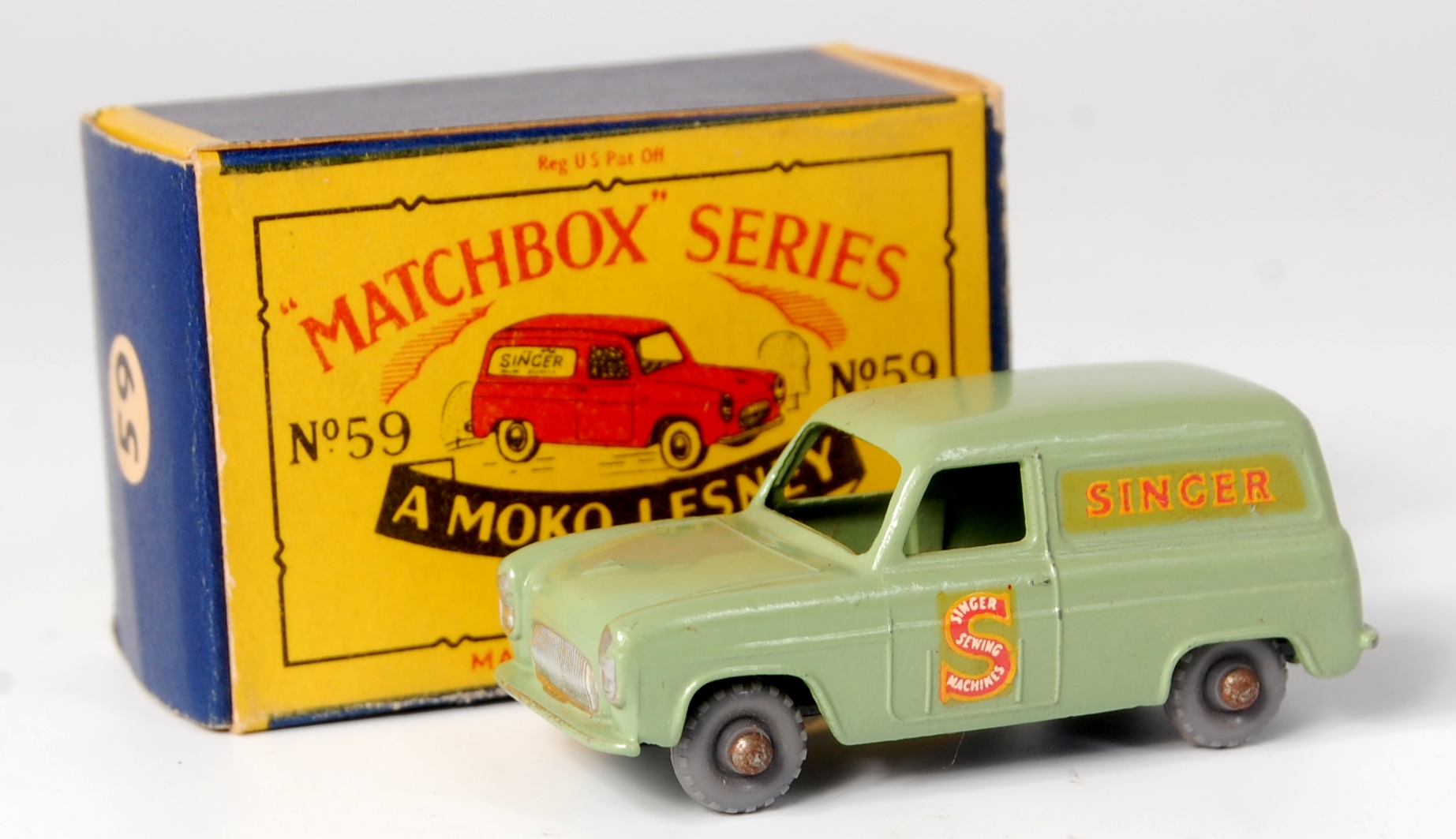 Matchbox, 1-75 series, No.59 Ford Thames van 'Singer', pale green, grey ...