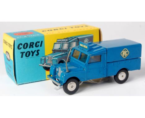 Corgi, 416 RAC radio rescue Land Rover, blue body 'Radio Rescue' on cab roof sign, metal canopy with minor blemish, smooth hu