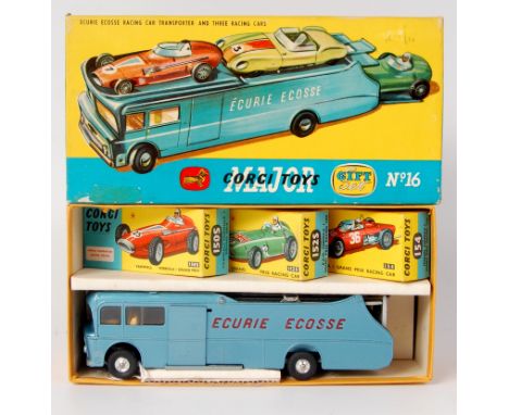 Corgi, Major Gift Set No.16 Ecurie Ecosse racing car transport and three racing cars, metallic light blue, red lettering, wit