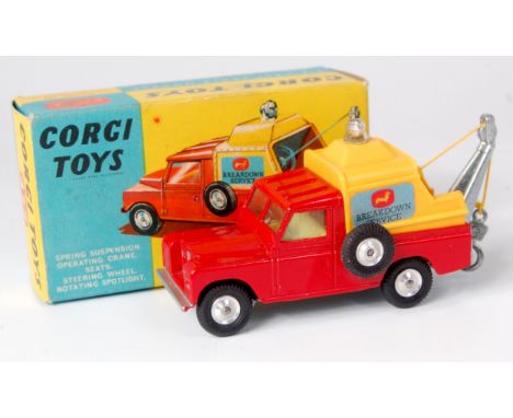 Corgi, 477 Land Rover breakdown truck, red, yellow canopy, 'Breakdown Service', shaped hubs, with packing piece and leaflet (