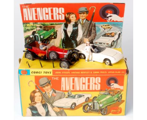 Corgi, Gift Set No.40 The Avengers, John Steeds, red Bentley with silver wire wheels, Emma Peel's white Lotus Elan Steed, Pee