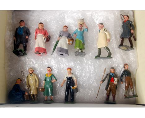 Britains, lead farm figures 11 near mint to include farmer, 2 x farmers wife, Carter with whip, Shepherd with Sheep, three di