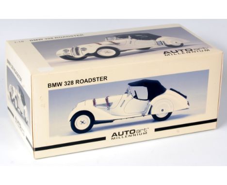 Auto Art Millenium 1/18th scale diecast model of a BMW 328 Roadster, appears as issued with the original white all card packe