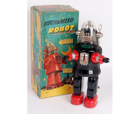 Nomura (Japan), 'Robbie the Robot', tinplate black body with red feet and chrome detailing, 2 battery boxes to the legs, with