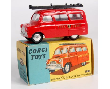 Corgi Toys, 423 Bedford Utilecon fire tender, red body with black ladder, undivided windscreen with smooth hubs, in the origi