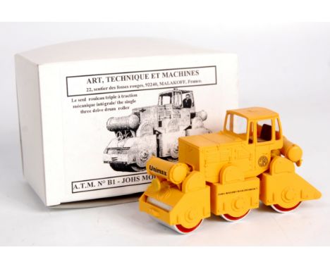 ATM, art technique machines, 1/50th scale resin and white kit built model of a John Mollors Unimax roller, finished in yellow